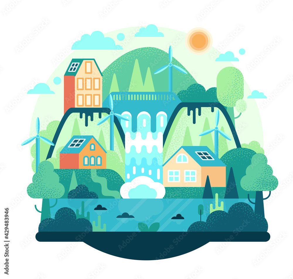 Flat design cartoon vector illustration with green energy. Green energy concept design.