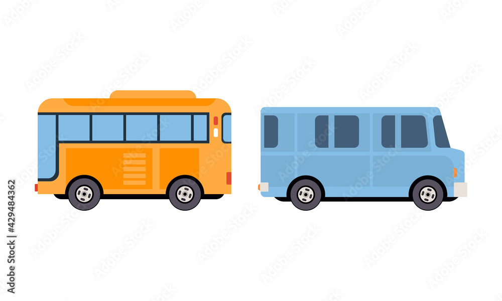 Bus or Omnibus as Road Vehicle for Carrying Passengers Vector Set