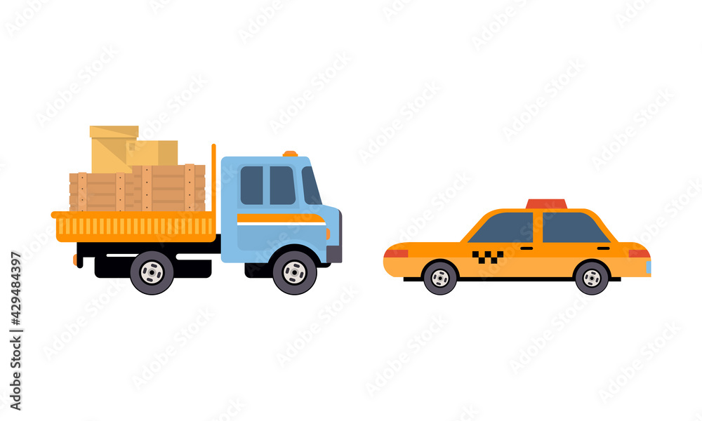 Truck or Lorry as Motor Vehicle and Urban Transport for Transporting Cargo and Taxi Cab Vector Set