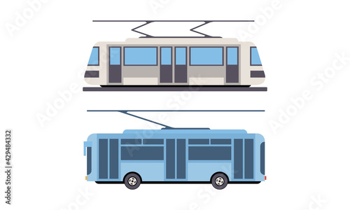 Tram or Streetcar and Trolleybus as Rail Vehicle Running on Tramway Track Along Urban Streets Vector Set