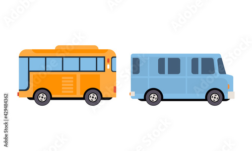 Bus or Omnibus as Road Vehicle for Carrying Passengers Vector Set