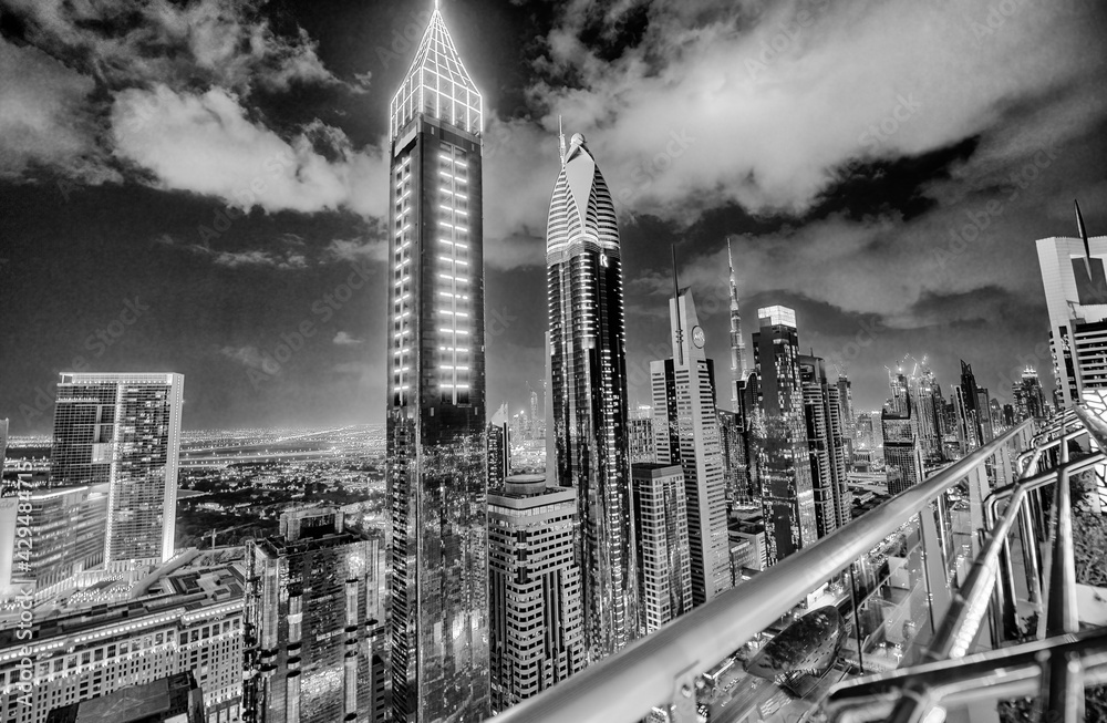 DUBAI, UAE - DECEMBER 11, 2016: Night aerial view of Downtown Dubai skyscrapers along Sheikh Zayed Road