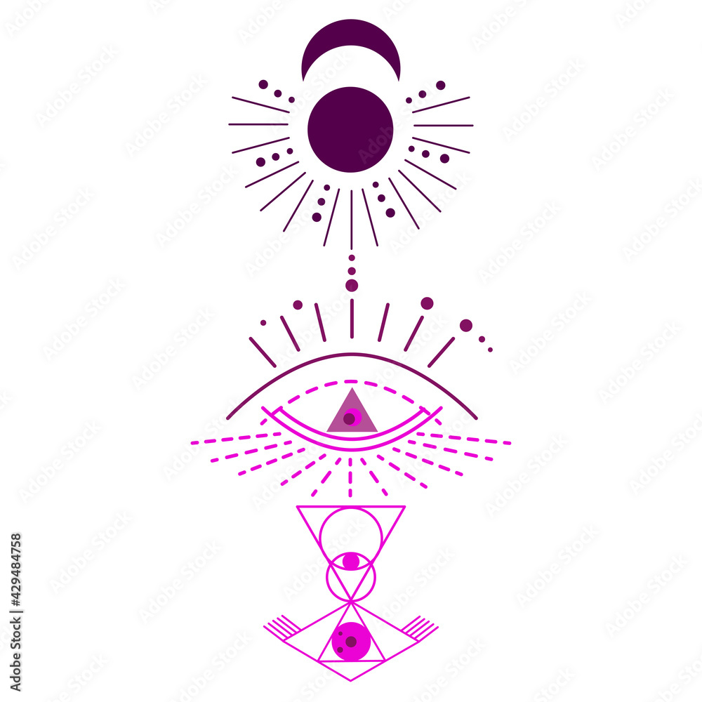 Set of different images of opening of third eye, symbol of soul in esoterics. Illustration of magic session, look into future, connection with universe. Vector drawing for tarot cards, groups, webpage