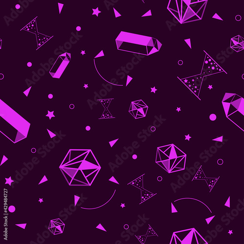 Set of magic items of alchemy and esoteric, philosophical magic stone, hourglass. Seamless pattern in style of tarot cards design for packaging, groups, web pages, business cards.