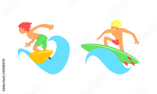 Male Surfer Riding Moving Wave of Water Standing on Surfboard Vector Set