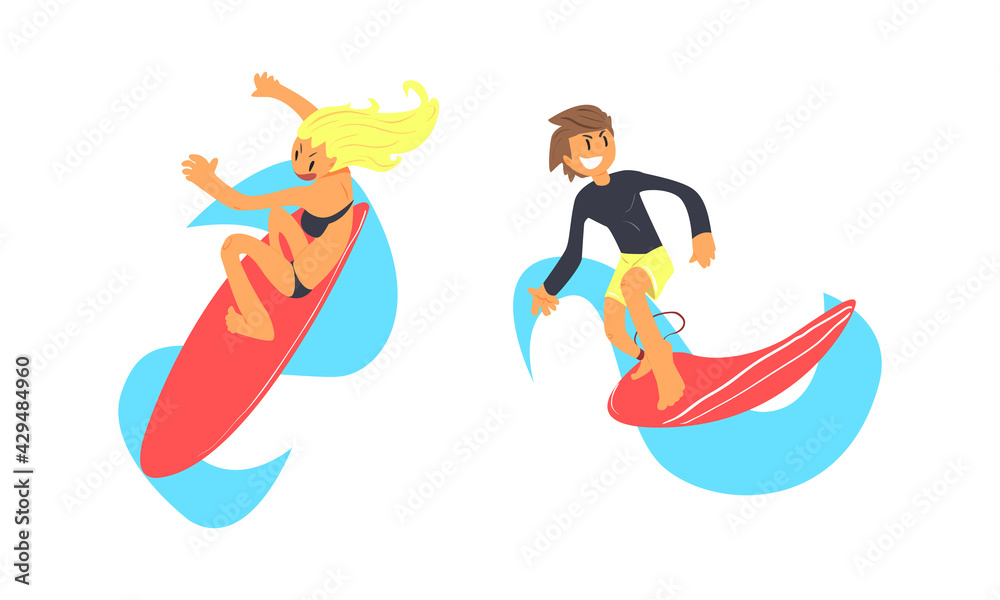 Male and Female Surfer Riding Moving Wave of Water Standing on Surfboard Vector Set
