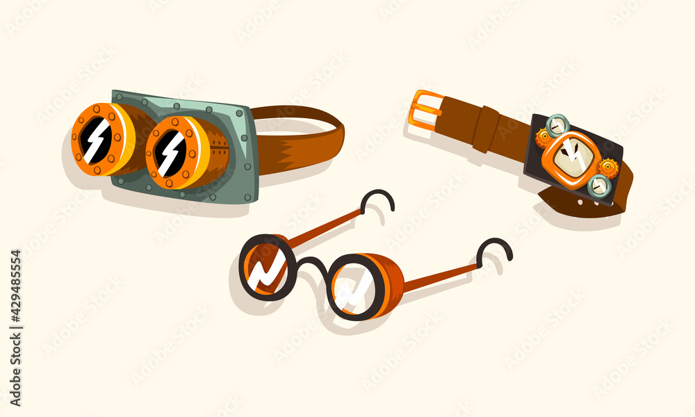 Steampunk Fictional Objects and Mechanism with Mechanical Goggles and Watch Vector Set