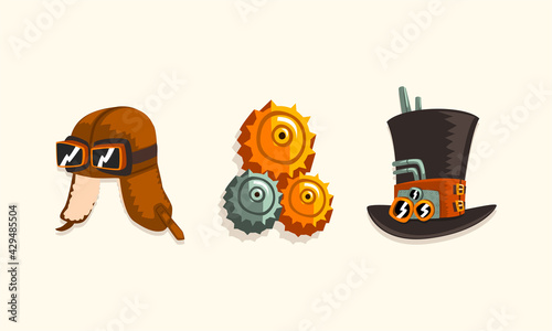 Steampunk Fictional Objects and Mechanism with Mechanical Top Hat and Cogwheels Vector Set