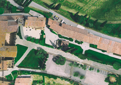Aerial view of Banfi Castle from drone in Tuscany, spring season photo