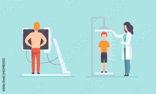 Medical Physical Health Checkup with Doctor Therapist Examinig Patient Vector Set