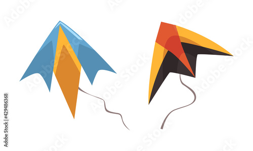 Colorful Kite as Tethered Craft with Wing Surfaces and Tail Vector Set