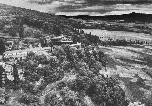 Aerial view of Tuscany Hills in spring season from drone