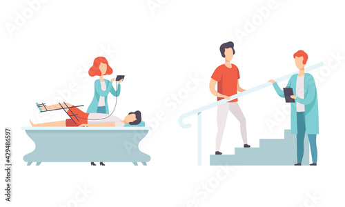 Physical Therapy or Physiotherapy with Therapist Restoring Health after Trauma or Injury Vector Set