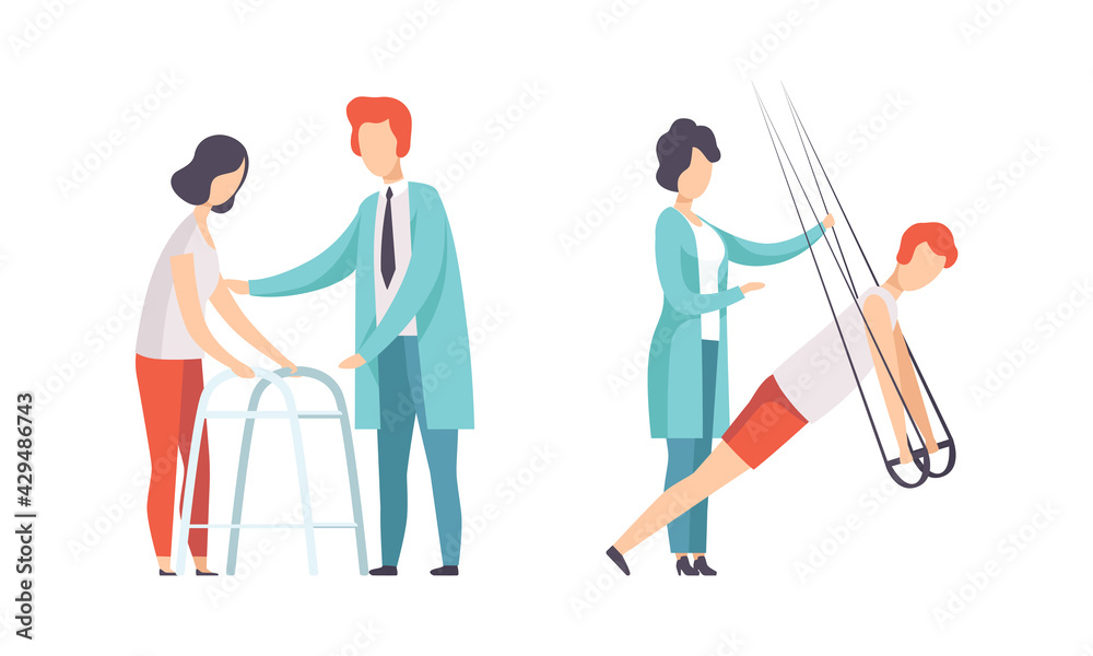 Fototapeta premium Physical Therapy or Physiotherapy with Therapist Restoring Health after Trauma or Injury Vector Set