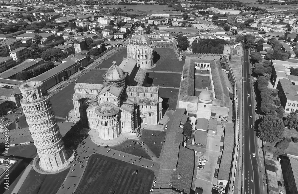 Black and white aerial view of Field of Miracles in Pisa, Tuscany. Drone viewpoint of famous Piazza dei Miracoli
