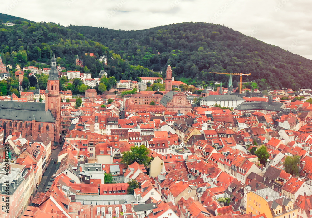 Aerial view of Heidelberg medieval skyline from drone, Germany