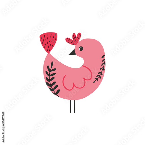 Little pink bird in cartoon style with decorative elements. Isolated on a white. Vector design element.