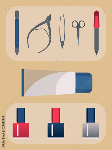 Manicure set and nail polish. Illustration. Hand care