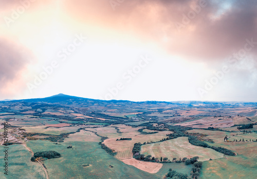 Aerial view of Tuscany Hills in spring season from drone at sunset