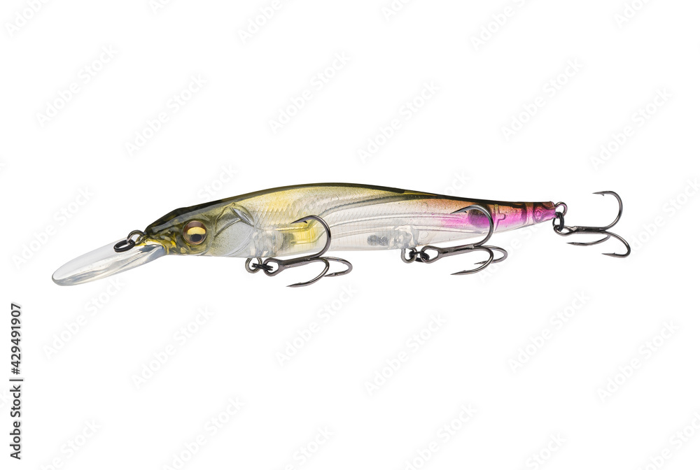 Wobbler with hooks for fishing as bait for fish, which is used for spinning. Fishing tackle for a fisherman. Wobbler with hooks for fishing as bait for fish, which is used for spinning. Fishing tackle for a fisherman.