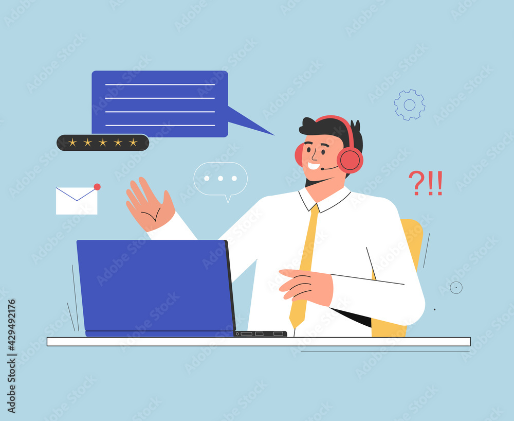 Customer support concept. Man with headphones and microphone with laptop. Vector flat cartoon illustration Customer support concept. Man with headphones and microphone with laptop. Vector flat cartoon illustration