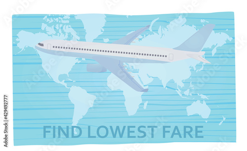 Airplane on world's map. Lowest fare text. vector