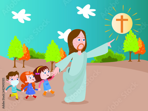 Jesus holding hands with kids cartoon 2d vector concept for banner, website, illustration, landing page, flyer, etc.