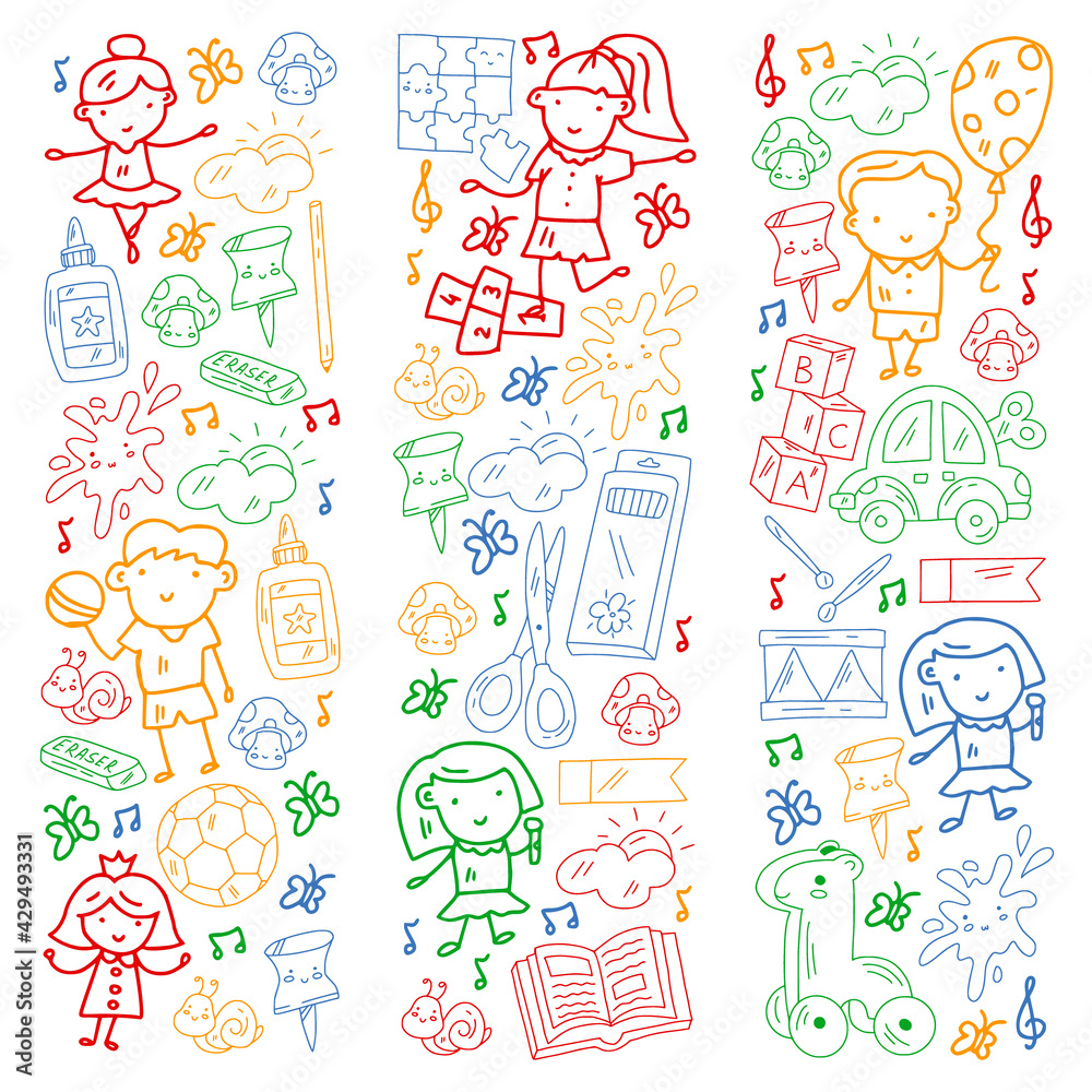 Vector pattern with boys and girls. Kindergarten and toys. Happy childhood and creativity with imagitanion.