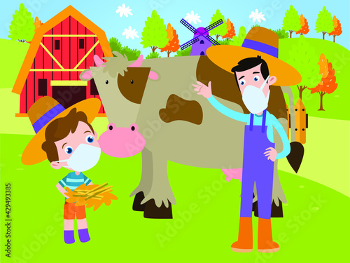 Father and son feeding cow cartoon 2d vector concept for banner, website, illustration, landing page, flyer, etc.