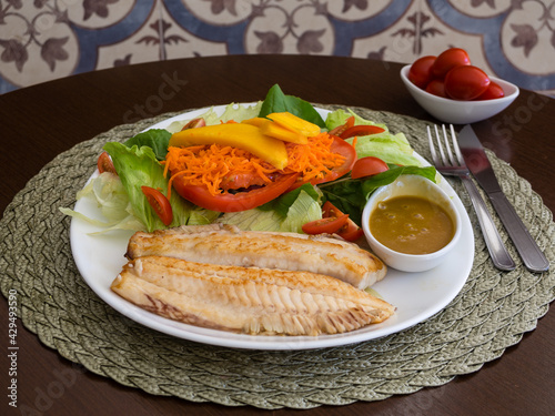 grilled fish steak with vegetables