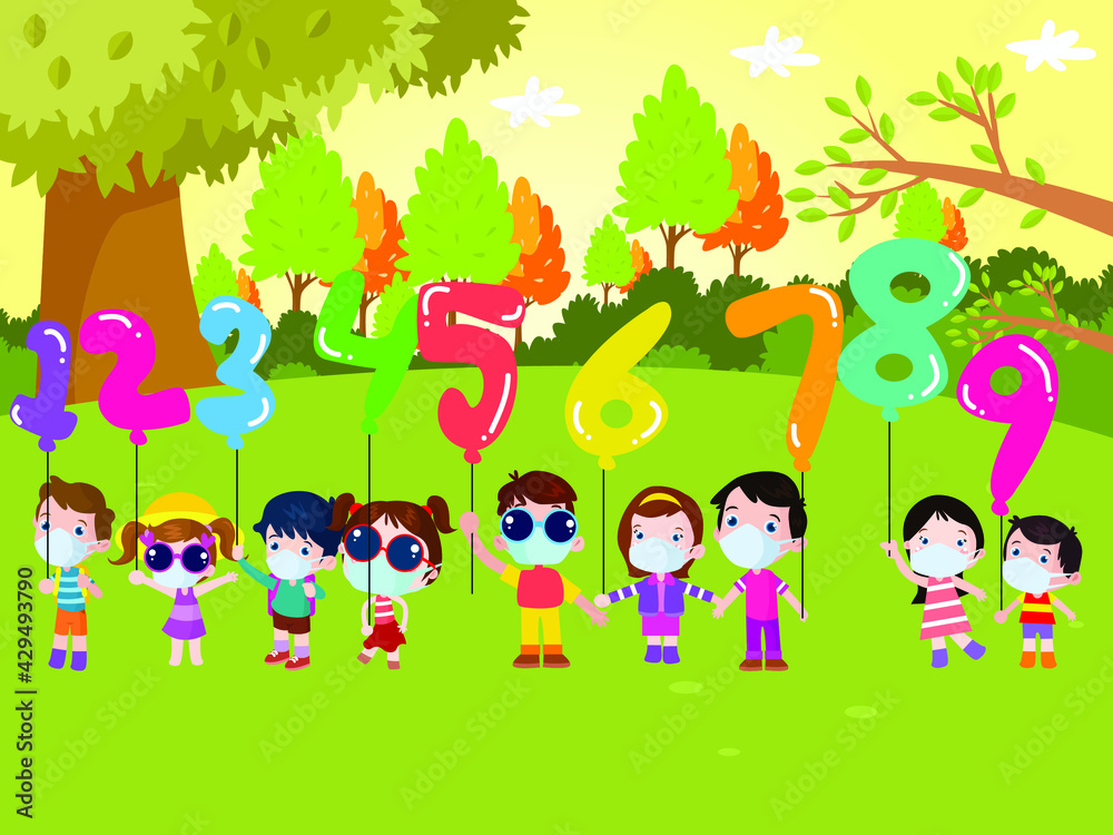 Kids holding balloon numbers cartoon 2d vector concept for banner, website, illustration, landing page, flyer, etc.