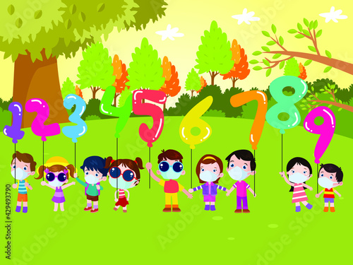 Kids holding balloon numbers cartoon 2d vector concept for banner  website  illustration  landing page  flyer  etc.