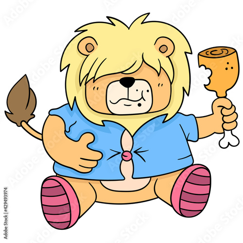 The fat lion was sitting holding the meat and eating it, doodle icon image kawaii