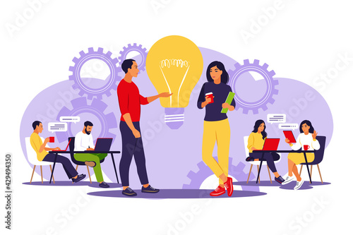 Business team discussing ideas for startup. Colleagues sharing thoughts. Brainstorm, skill and teamwork concept. Vector illustration. Flat