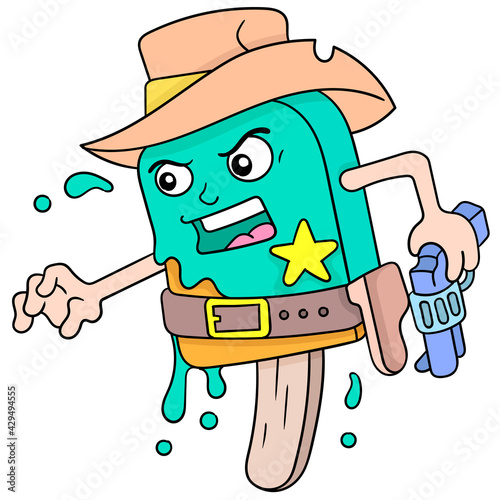 Cowboy style ice cream sheriff carrying gun guarding area security, doodle icon image kawaii