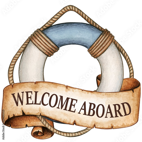 Watercolor vintage style life buoy with ancient scroll message banner