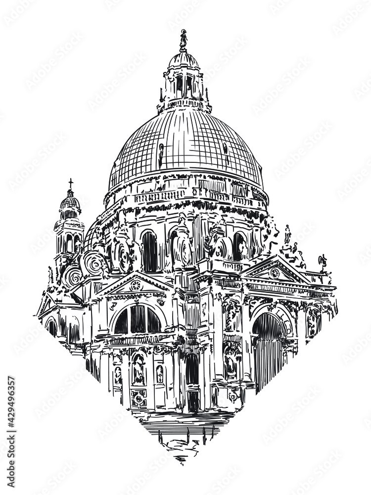 The dome of the cathedral in the classical style with arches, statues and clocks. Sketch on a beige background.