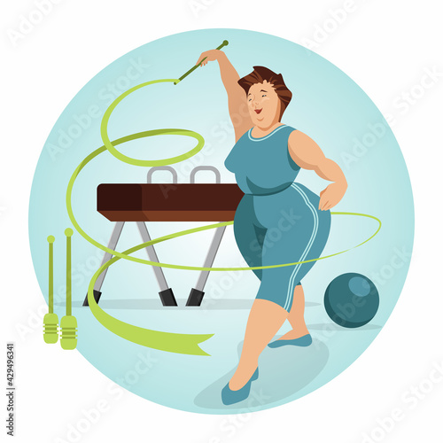 Young obese cartoon woman doing exercises with a ribbon. Physical exercise, sports, gymnastics and workout concept. Body positive concept.