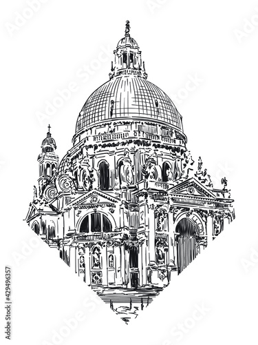 The dome of the cathedral in the classical style with arches, statues and clocks. Sketch on a beige background.