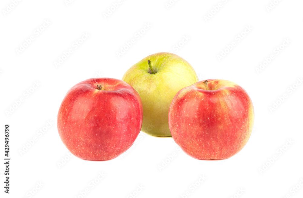 Two ripe red apples and a green one isolated on a white background.