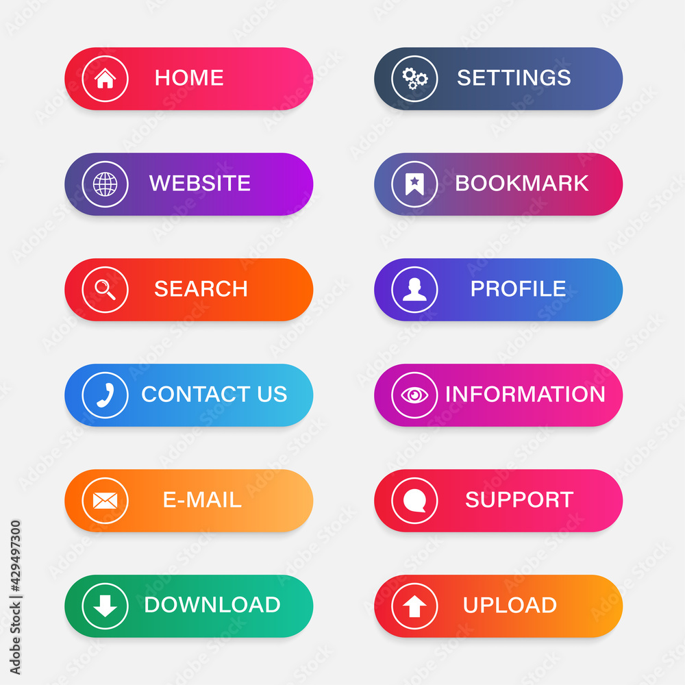 Collection of website buttons. Colorful gradient buttons with icons. User interface elements. Vector set
