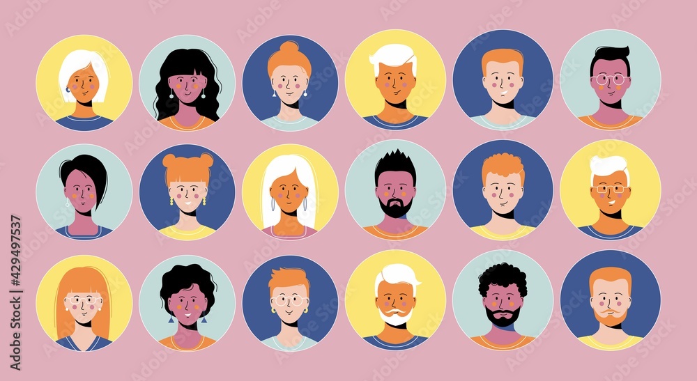 Obraz premium Smiling people avatar set. Different men and women characters collection. Isolated vector illustration on pink background