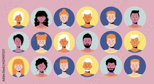 Smiling people avatar set. Different men and women characters collection. Isolated vector illustration on pink background