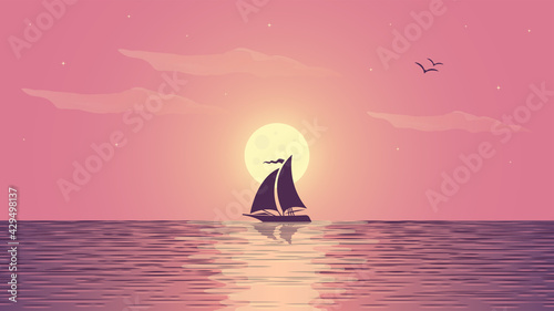 Night Moonlight Sea View Illustration.
