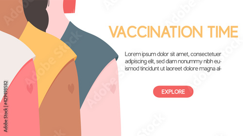 COVID-19 vaccination concept. Shoulders of coronavirus vaccinated people with shape of heart. Vaccination time web banner template.