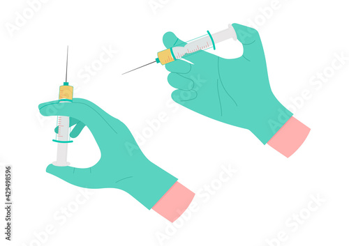 Concept of vaccination against coronavirus. Doctor's hand in protective medical glove gives the vaccine against COVID-19 with a syringe. Set of hand with injection syringe in different positions.