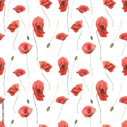 Watercolor seamless pattern with poppies on white background.