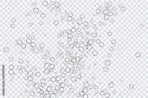 Air bubbles, oxygen, champagne crystal clear, isolated on a transparent background of modern design. Vector illustration of EPS 10.