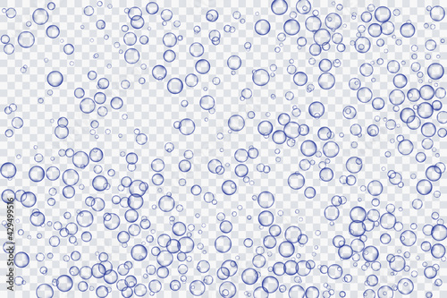 Blue air bubbles, oxygen, champagne crystal clear, isolated on a transparent background of modern design. Vector illustration of EPS 10.