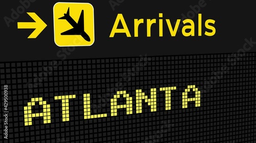 Atlanta Arrival Animation Sign Board on Airport 4K Animation. Atlanta international airport signboard of arrival flights photo